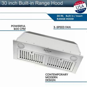 30 Inch Insert Range Hood 600 CFM;  Built-in Stainless Steel Range Hoods With Right Button Controls And Back LED Lights; Kitchen Hood For Over St (red: sliver)