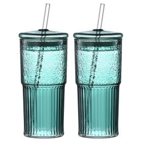 20 Oz 2-pack Green Glass Straw Cup With Vertical Pattern Cup And Lid, High Borosilicate Heat-resistant Glass Cup For Juice, Milk And Cold Drinks (red: Dark green)