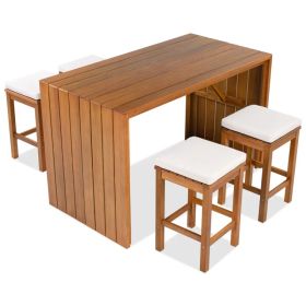 5 Piece Outdoor Bar Set, Patio Acacia Wood Bar Height Table & Four Stools With Cushions, Wood Dining Bar Set For Backyard, Poolside, Balcony, Bei (red: defaulttitle)