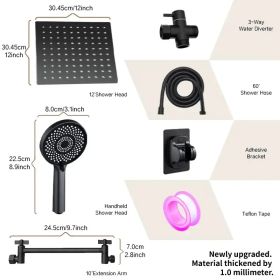 Complete Shower Solution - 12-inch Square Head + Adjustable Arm + Handheld For Versatility (red: MatteBlack)