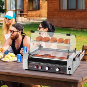Electric 18 Hot Dog 7 Roller Commercial Grill Cooker Machine Cover 1050W (red: Silver)