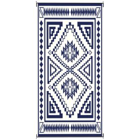 Reversible Outdoor Rug, Waterproof Plastic Straw With Carry Bag, 9 X 18, Blue & White Square Patchwork (red: Blue)