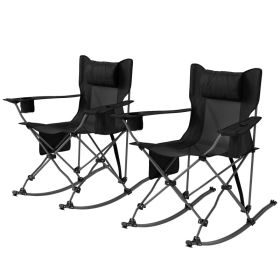 Folding Rocking Camping Chairs, Portable Chairs With Headrest, Cooler Bag, Cup Holder, Carry Bag, 2 Pack, Black (red: Black)