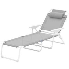 Folding Chaise Lounge, Outdoor Sun Tanning Chair, 4-Position Reclining Back, Armrests, Removable Pillow, Light Gray (red: Gray)