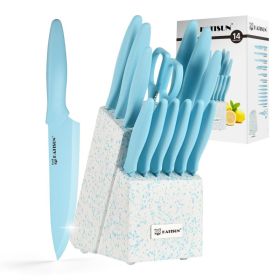 Kitchen Knife Set With Block, 14 Piece BLUE Non-Stick Paint Coating Stainless Steel Knives Set, Anti-Rust And Dishwasher Safe, 12 Knives With Kit (red: Blue)