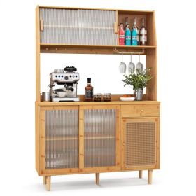 69-Inch Bamboo Kitchen Cabinet With Tempered Glass Doors, Extra Storage Space & Anti-Tilting Design (red: defaulttitle)