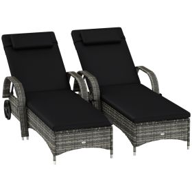 2 Reclining Chaise Lounge Chairs, Rolling Outdoor Chairs With Cushion, Pillow, Headrest, Armrests, And Wheels, Black (red: Black)