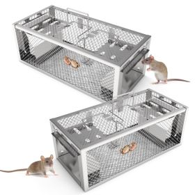 2Pack 11.81x5.63x4.45In 2-Door Humane Rat Trap Automatic Continuous Mouse Trap Reusable Galvanized Iron Live Animal Cage (red: Silver)