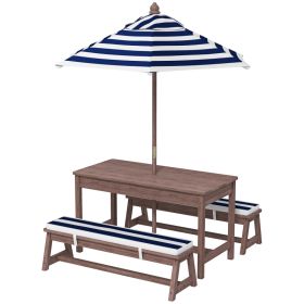Outdoor Wooden Kids Picnic Table & Bench Set With Cushions And Umbrella, For Patio, Garden, Navy Blue (red: Navy Blue)