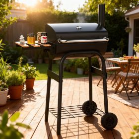 Barrel Charcoal Grill With Foldable Side Table And Thermostat (red: Black)