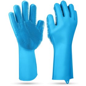 1 Pair Silicone Brush Dishwashing Gloves Cleaning Sponge Pet Scrubber Heat Resistant Wash Gloves (red: Blue)
