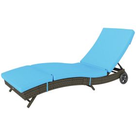 Patio Wicker Chaise Lounge Chair, Outdoor PE Rattan Sun Lounger With Adjustable Backrest And 2 Wheels, Sky Blue (red: Sky Blue)