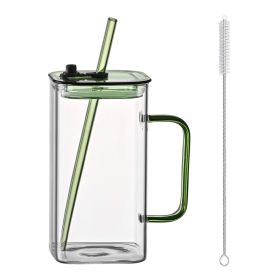 1 Pcs Green Glass Straw Cup, 4 Colors Square Glass Cup With Straw And Lid, High Borosilicate Glass Cup, Milk Cup, Juice Cup, Cold Drink Cup, Coff (red: Green)