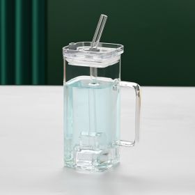 1 Pcs Transparent Glass Straw Cup, 6 Colors Square Glass Cup With Straw And Lid, High Borosilicate Glass Cup, Milk Cup, Juice Cup, Cold Drink Cup (red: Transparent)