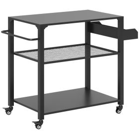3-Tier Outdoor Grill Cart With Storage Racks, Side Handle, Movable Pizza Oven Table On Wheels (red: Black)