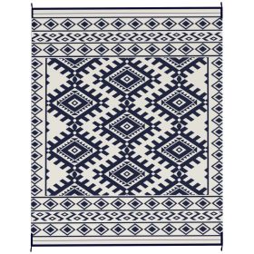 Reversible Outdoor Rug, Waterproof Plastic Straw With Carry Bag, 8 X 10, Blue  White Rhombus Border (red: Blue)