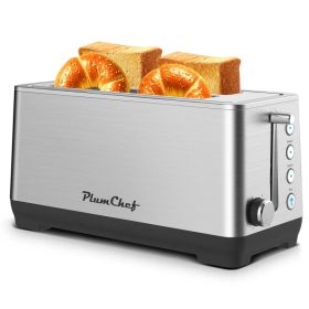 4-Slice Toaster, Extra Wide Long Slot Toaster, 6 Browning Settings, Bagel/Defrost/Reheat Functions, Removable Crumb Tray, Upgraded Stainless Stee (red: Stainless)