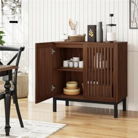 32" Buffet Sideboard Cabinet With 2 Doors, Farmhouse Storage Cabinet (Walnut + Black) With Adjustable Shelf (red: defaulttitle)