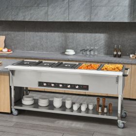 5-Pan Commercial Food Warmer, 5 X 20.6QT Electric Steam Table, 3750W Professional Buffet Catering Food Warmer With 4 Wheels (2 Lockable), Food Gr (red: Silver)
