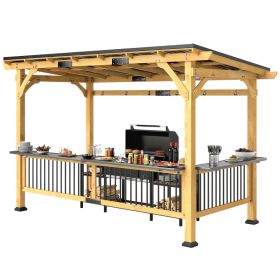 13 X 6 Wooden BBQ Grill Gazebo, Outdoor Hardtop Grill Gazebo With Metal Roof, 2 Bar Shelves And 6 Hooks, Natural (red: Natural)