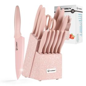 Kitchen Knife Set With Block, 14 Piece Pink Non-Stick Paint Coating Stainless Steel Knives Set, Anti-Rust And Dishwasher Safe, 12 Knives With Kit (red: Pink)