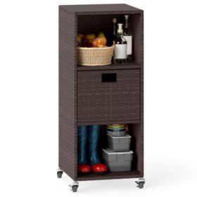 Mix Brown PE Rattan Outdoor Storage Cabinet, 3-Shelf With Removable Drawer & Lockable Wheels (red: defaulttitle)