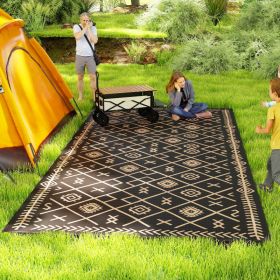 Reversible Outdoor Rug, Waterproof Plastic Straw With Carry Bag, 9 X 18, Black & Brown Rhombus (red: Brown)
