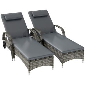 2 Reclining Chaise Lounge Chairs, Rolling Outdoor Chairs With Cushion, Pillow, Headrest, Armrests, And Wheels, Gray (red: Gray)