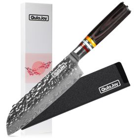 Qulajoy 7 Inch Nakiri Chef Knife,Professional Japanese 67 Layers Damascus VG-10 Steel Core,Hammered Vegetable Cutting Knife,Ergonomic Pakkawood H (red: Santoku Knife)