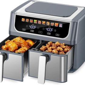 9.5 Quart Large Dual Basket Air Fryer With Double Basket, Independent Temp Control & Sync Mode, 10 Presets - Bake&Broil&Defrost&Dehydrate, Shake (red: Gray)