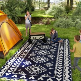 Reversible Outdoor Rug, Waterproof Plastic Straw With Carry Bag, 9 X 18, Blue & White Rhombus Patchwork (red: Blue)