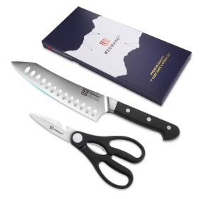 2Pcs Chef Knife Set Stainless Steel Kitchen Shears Scissor Cutlery Slicing Gift (red: Black)