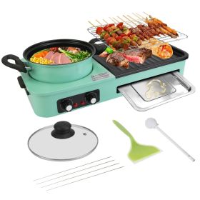 1Pc 3 In 1 Electric Hot Pot With Grill 1600W Smokeless Non-Stick Korean BBQ Grill Shabu Shabu Hot Pot Combo With Independent Temperature Control (red: Green)