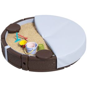 47 Round Kids Sandbox With Cover, 3 Seats, Waterproof Bottom Liner, For Backyard, Lawn, Garden, Beach, Patio, Brown (red: Brown)