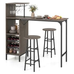 3PCS Bar Table & Stools Set, Wine Storage (6 Bottles + Wine Glass Holder), Oak (red: defaulttitle)