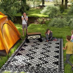 Reversible Outdoor Rug, Waterproof Plastic Straw With Carry Bag, 9 X 18, Black & White Rhombus Border (red: Black)
