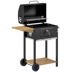 Charcoal BBQ Grill, Outdoor Portable Cooker For Camping Or Backyard Picnic, Barbecue Grill With Side Table, Bottom Storage Shelf, Wheels And Hand (red: Black)