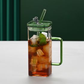 1 Pcs Green Glass Straw Cup, 6 Colors Square Glass Cup With Straw And Lid, High Borosilicate Glass Cup, Milk Cup, Juice Cup, Cold Drink Cup, Coff (red: Green)
