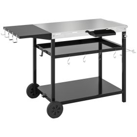 Outdoor Bar Cart Grill Table With Stainless Steel Tabletop, Wheeled Outdoor Serving Cart Prep Table With Storage, Hooks (red: Black)