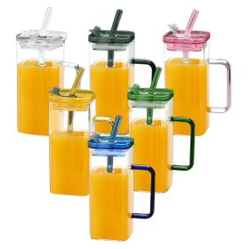 6 Pcs Glass Straw Cup, 6 Colors Square Glass Cup With Straw And Lid, High Borosilicate Glass Cup, Milk Cup, Juice Cup, Cold Drink Cup, Coffee Cup (red: 6PCS)