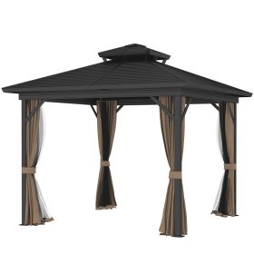 10 X 10 Hardtop Gazebo With Aluminum Frame, Metal Roof Gazebo Canopy W Hook, Curtains Included, Dark Brown (red: Dark Brown)