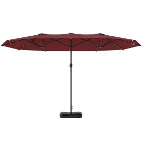 Garden Parasol 14.4ft Double-Sided Sun Umbrella With Base, Patio Parasol With LED Solar Lights, Wine Red (red: Wine Red)