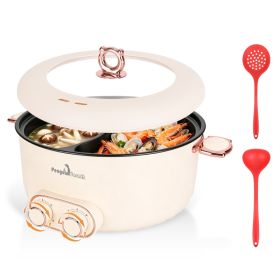6L 1.59Gal Electric Hot Pot With Divider And Lid 2000W Stainless Steel With 2 Heat Settings Independent Control Overheat Protection Ladle & Slott (red: White)