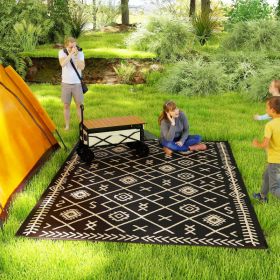 Reversible Outdoor Rug, Waterproof Plastic Straw With Carry Bag, 9 X 12, Black & Beige Rhombus (red: Black)