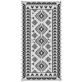 Reversible Outdoor Rug, Waterproof Plastic Straw With Carry Bag, 9 X 18, Black & White Rhombus Patchwork (red: Black)