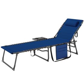 Folding Outdoor Chaise Lounge Chair Tanning Chair With 5-Level Adjustable Back, Side Table, Pillow, Pocket, Dark Blue (red: Dark Blue)