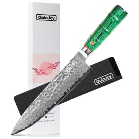 Qulajoy Japanese Chef Knife 8 Inch,67 Layers Damascus VG-10 Steel Core,Professional Hammered Kitchen Knife,Handcrafted With Ergonomic Bamboo Shap (red: Green)