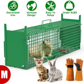32in 2 Door Live Animal Cage Trap With Glove Green For Animals Under 12LBS Easy To Setup Humane Galvanized Iron Trap Cage For Rabbits Groundhogs (red: With Glove-Green M Size 32in)
