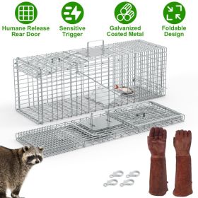 1Pc Humane Cat Trap Cage With Gloves Catch Release Live Animal Rodent Cage Collapsible Galvanized Wire For Raccoons Beavers Groundhogs Foxes Arma (red: Silver)
