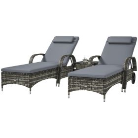 Patio Wicker Chaise Lounge Chair Set Of 2 With Table, Adjustable Backrest, Wheels, Cushion & Headrest, Gray (red: Gray)